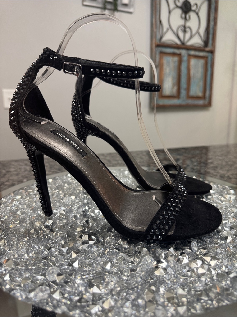 Nine West Black Crystal-Embellished Ankle-Strap Stilettos NEW 8.5